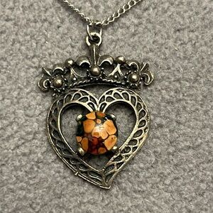 Silvertone Necklace With Heart and Crown Pendant